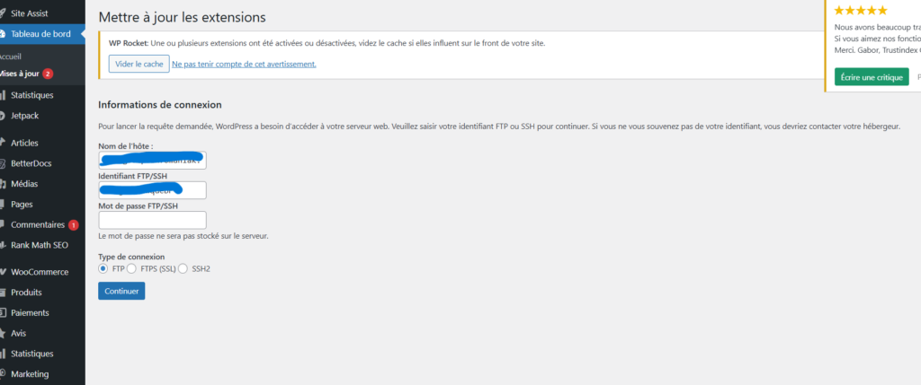 demande de connection serveur ftp mise a jour extension